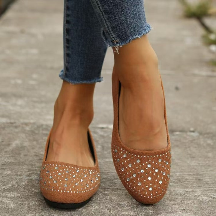 Damen nan flache Ballerina-Slipper aus Veloursimitat mit Strassapplikation und gepolsterter Komfortinnensohle Drune