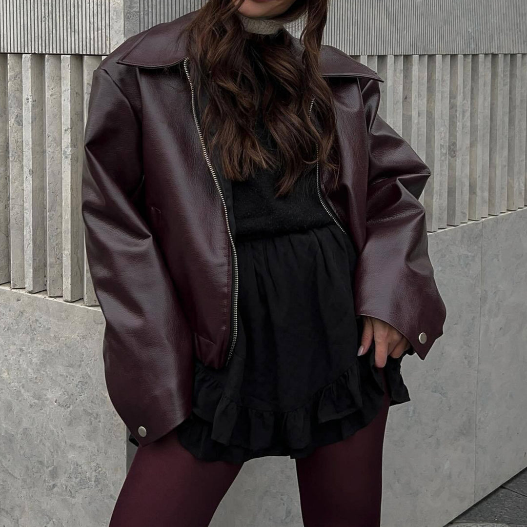 Damen Lässige Lederjacke im sportlichen Stil mit elastischem Bund Drune