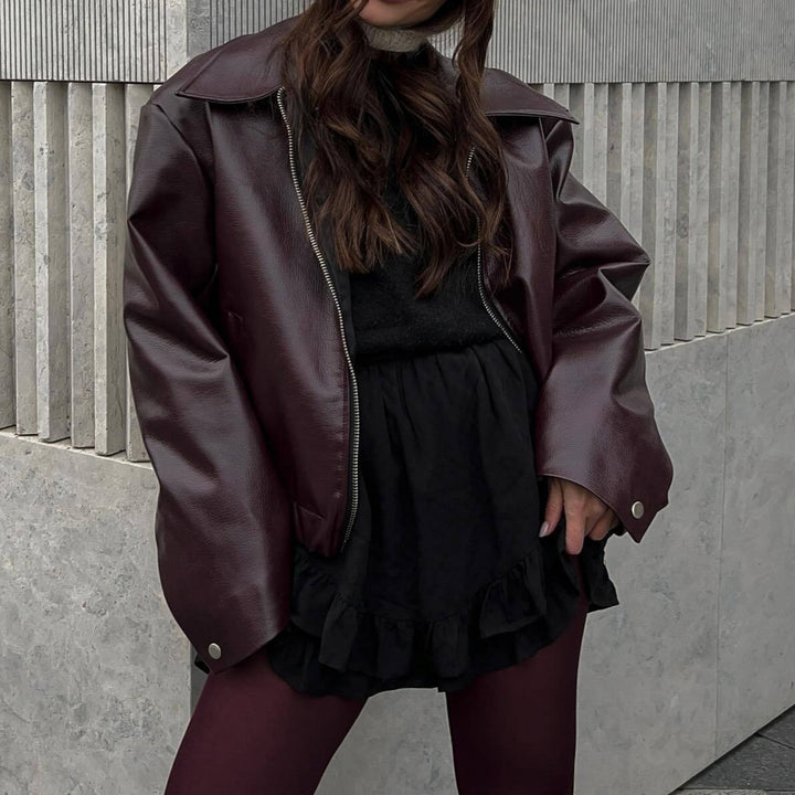 Damen Lässige Lederjacke im sportlichen Stil mit elastischem Bund Drune