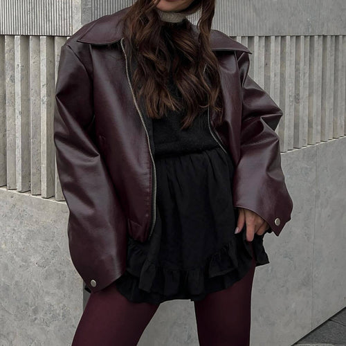 Damen Lässige Lederjacke im sportlichen Stil mit elastischem Bund Drune