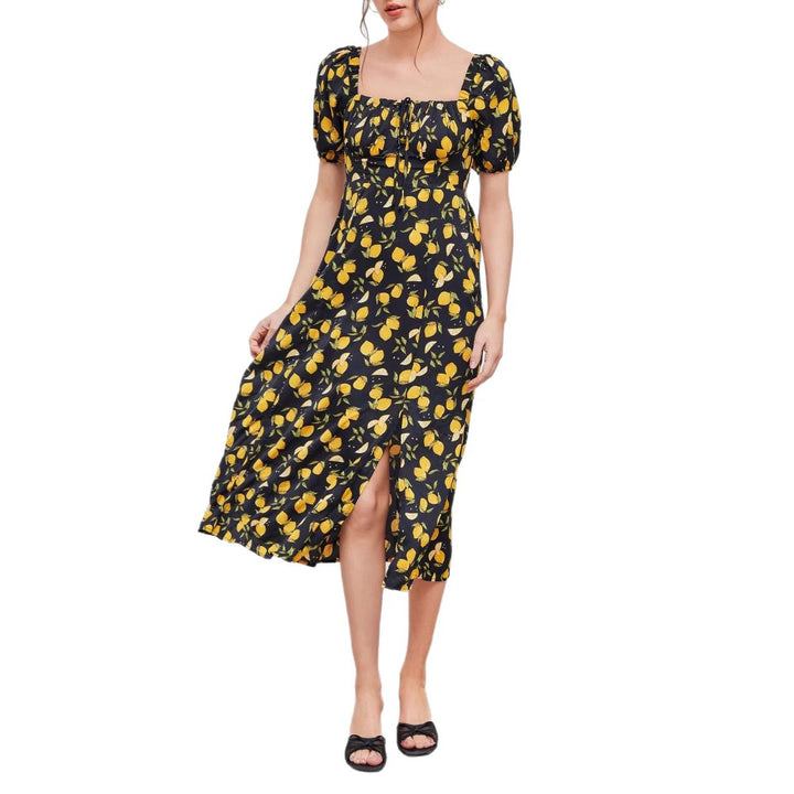 Damen Maxikleid mit pflanzlichem Muster und raffiniertem Schlitz Drune