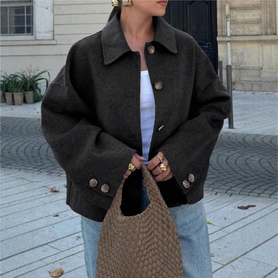 Damen schicke Blousonjacke aus weichem Stoff mit Knopfverschluss und Taschen Drune
