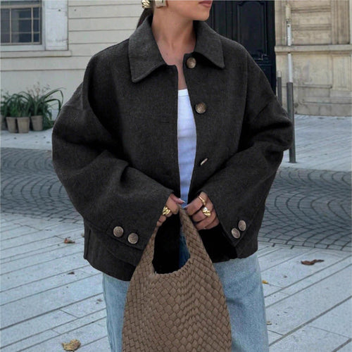 Damen schicke Blousonjacke aus weichem Stoff mit Knopfverschluss und Taschen Drune