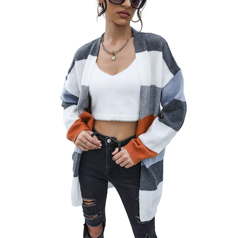 Damen offener Strickcardigan mit farbigen Blockstreifen und weichem Material Drune