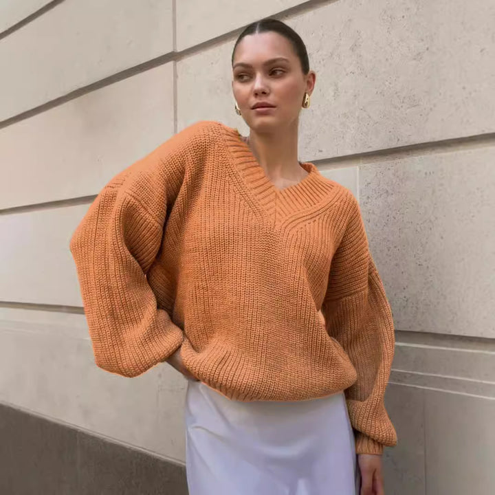 Damen V-Ausschnitt Strickpullover mit voluminösen Ärmeln und strukturierter Oberfläche Drune