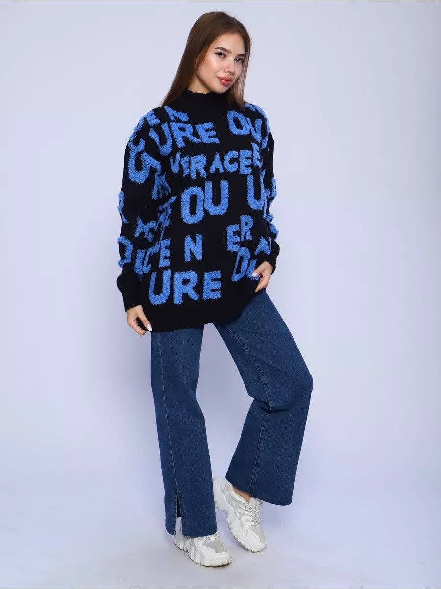 Damen Oversized Pullover mit grafischem Schriftzug und hohem Kragen Drune