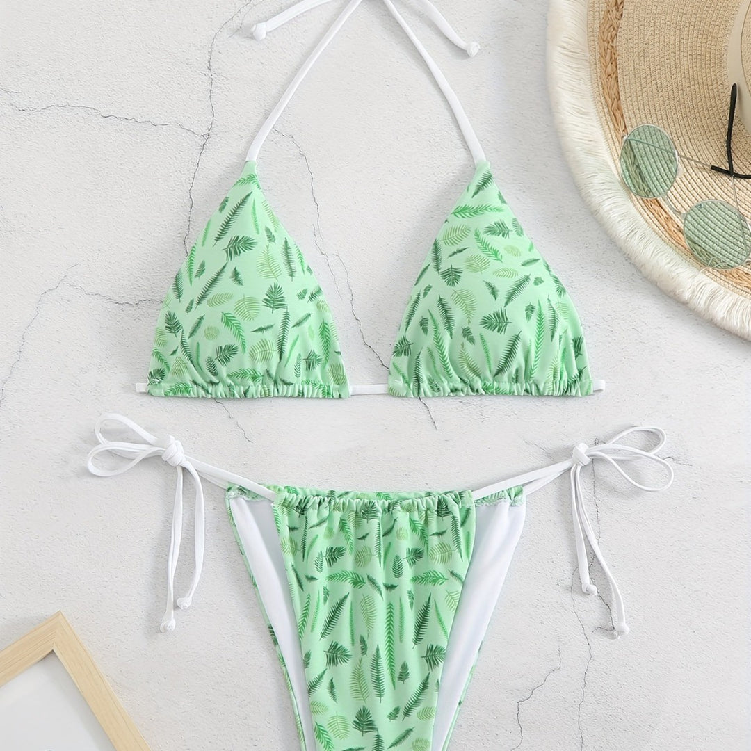 Damen trendiger Triangel-Bikini mit botanischem Muster Drune