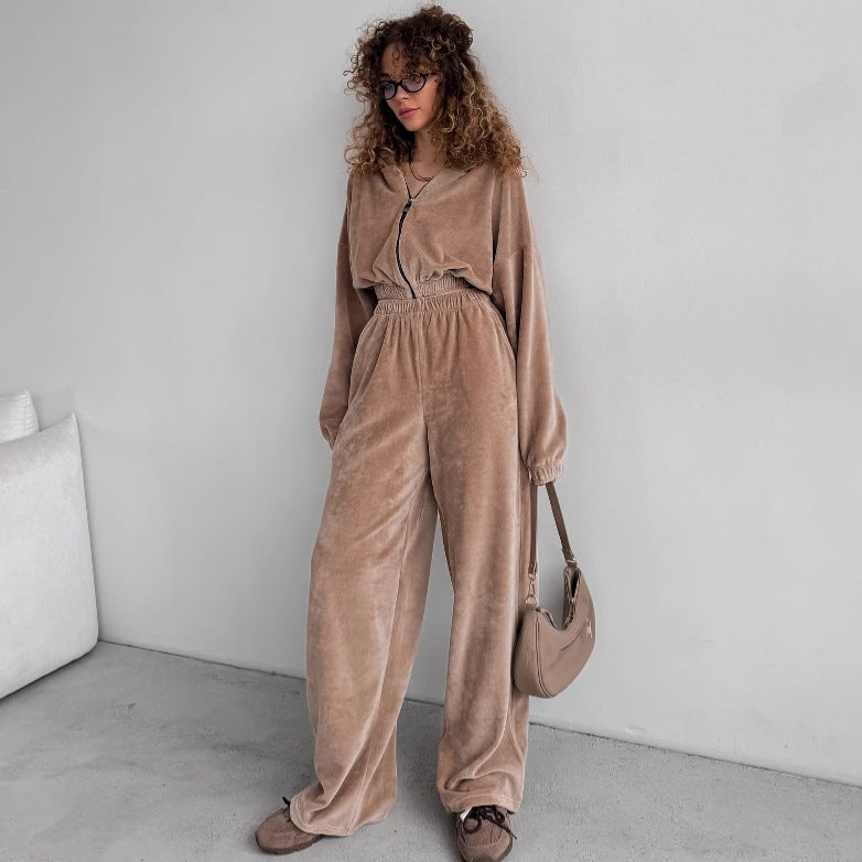 Damen nan Samt-Loungewear-Zweiteiler mit kurzem Frontzip, elastischem Komfortbund und weitem Hosenbein Drune