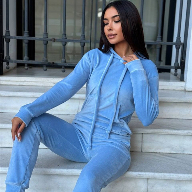 Damen Sportlicher Velours-Jogginganzug mit Kapuze und Gummizug Drune