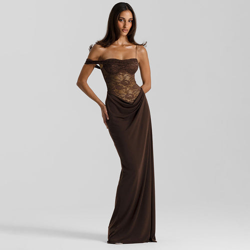 Damen Off-Shoulder Abendkleid mit raffinierten Spitzen-Applikationen und fließendem Material Drune