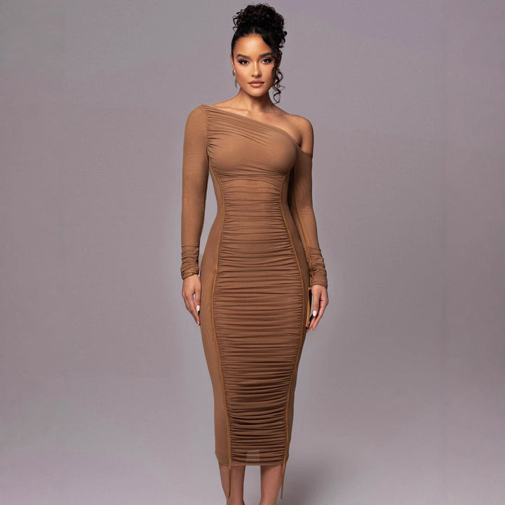 Damen Elegantes One-Shoulder Kleid mit Rüschen Drune