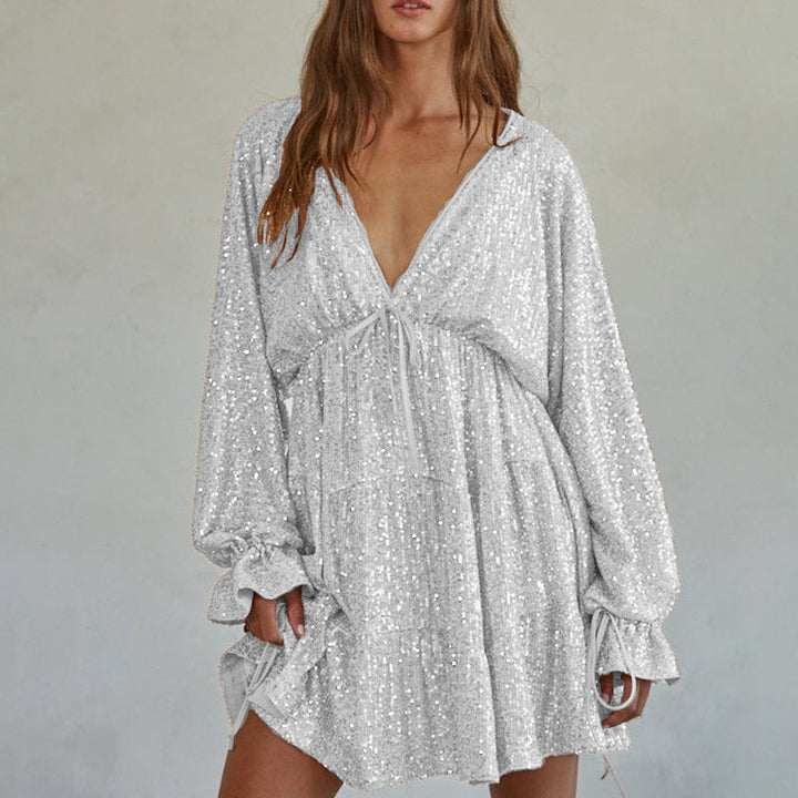 Damen Funkelndes Festkleid mit V-Ausschnitt und Rüschendetails Drune