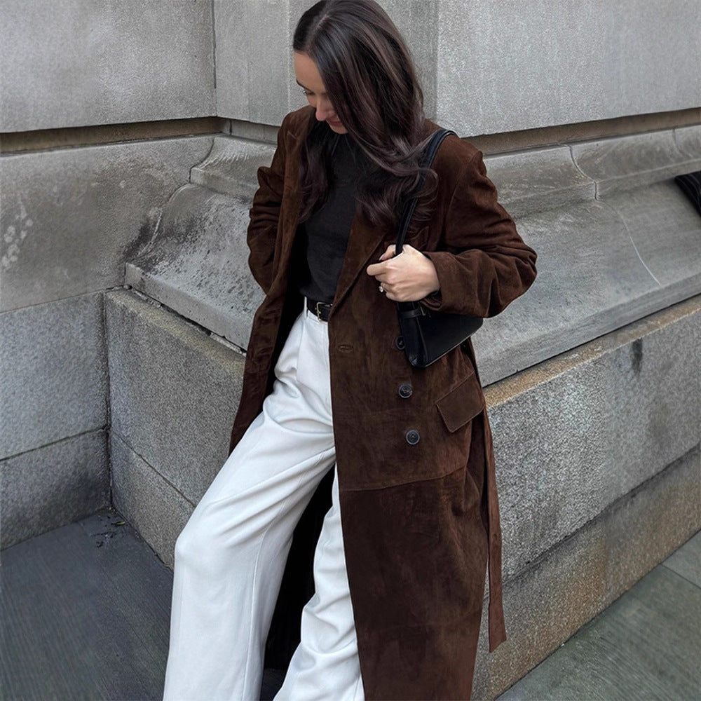 Damen Eleganter Wildledermantel mit Taillengürtel Drune