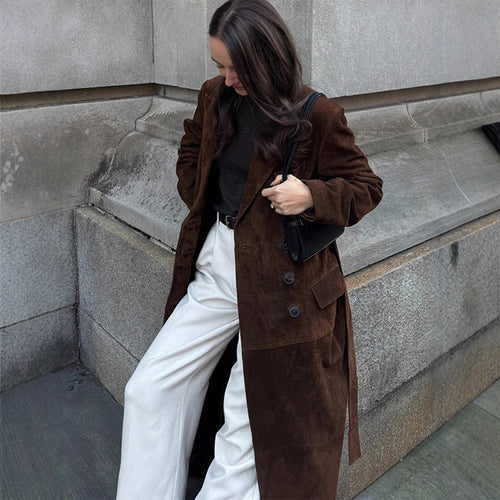 Damen Eleganter Wildledermantel mit Taillengürtel Drune