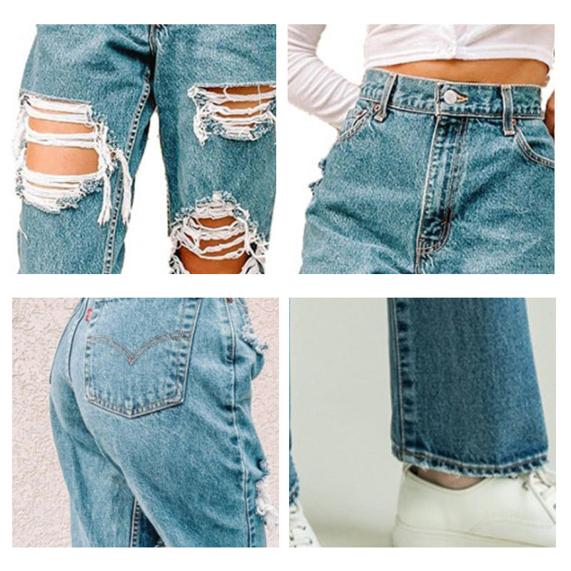 Damen Vintage High-Waist Destroyed Jeans mit fransigen Details Drune