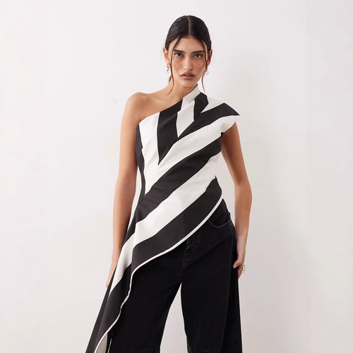 Damen asymmetrisches Wickeloberteil mit Streifenmuster Drune
