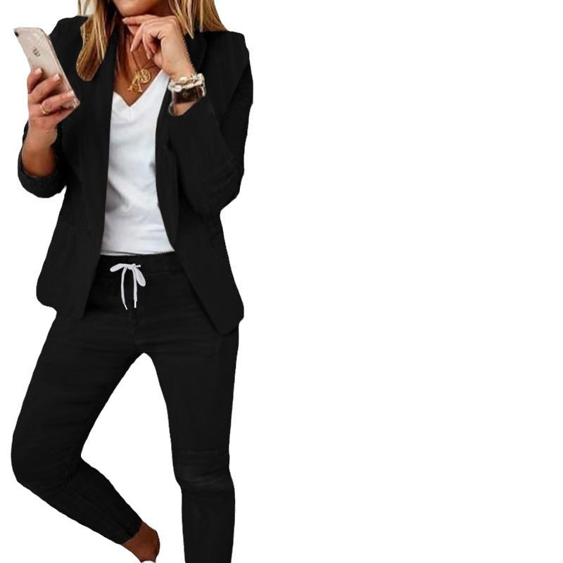 Damen nan Smart-Casual Blazer-Set mit offenem Longblazer und tapered Jogpant mit Kordelzug Drune