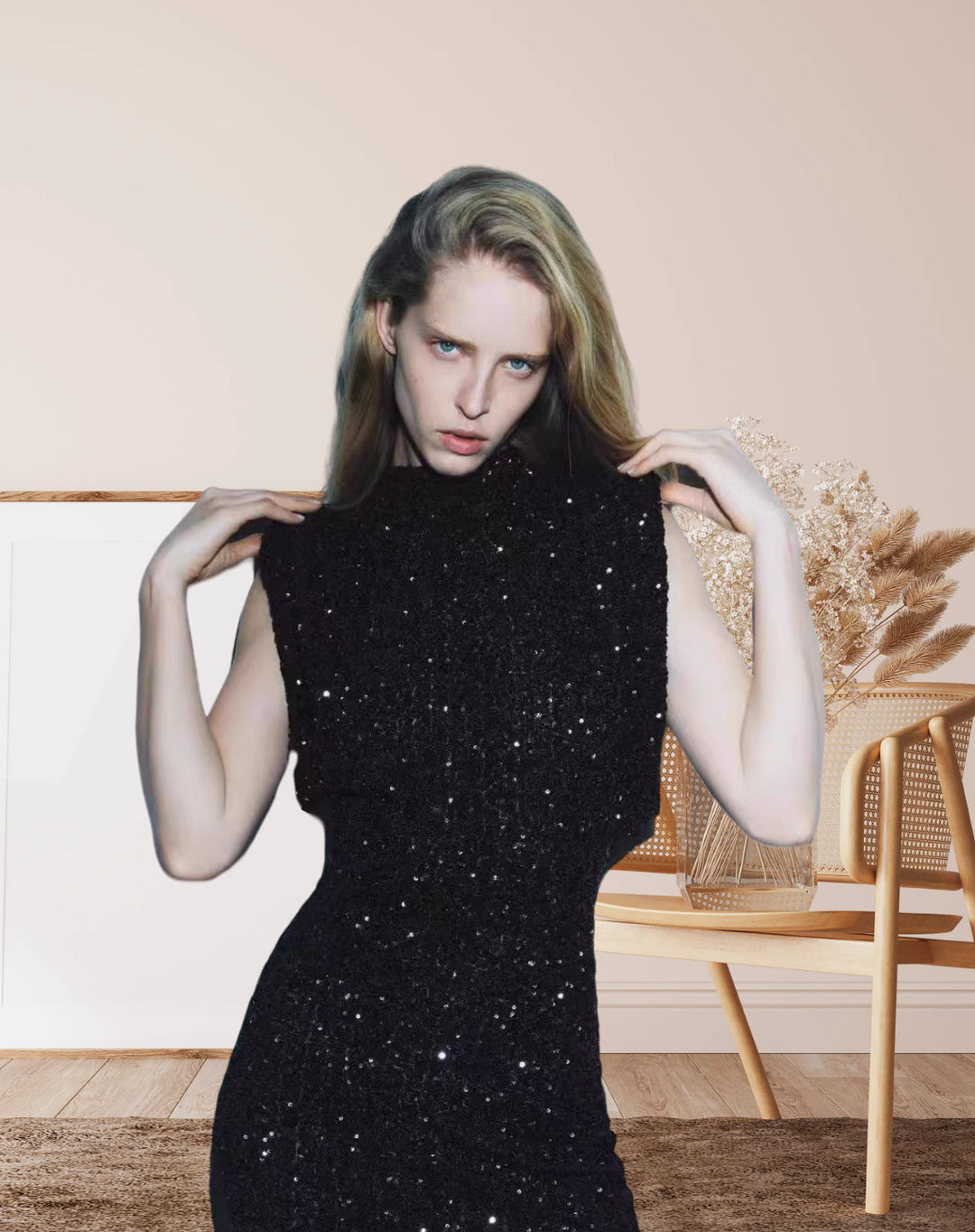Damen Elegantes Cocktailkleid mit funkelndem Paillettendesign und hochgeschlossenem Stehkragen Drune