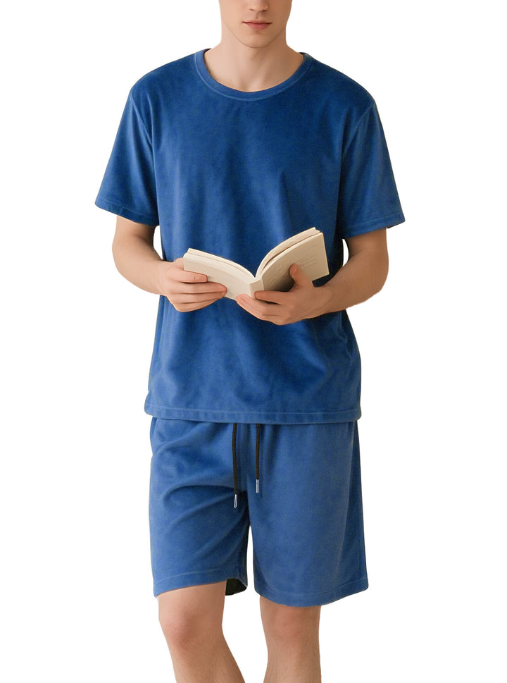 Herren nan Samtvelours Lounge-Set mit Rundhals-Kurzarmshirt und Kordelshorts Drune