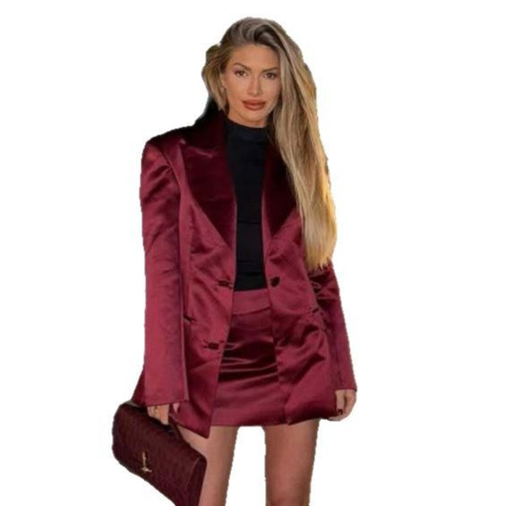 Damen eleganter Satin Blazer mit passendem Minirock Drune