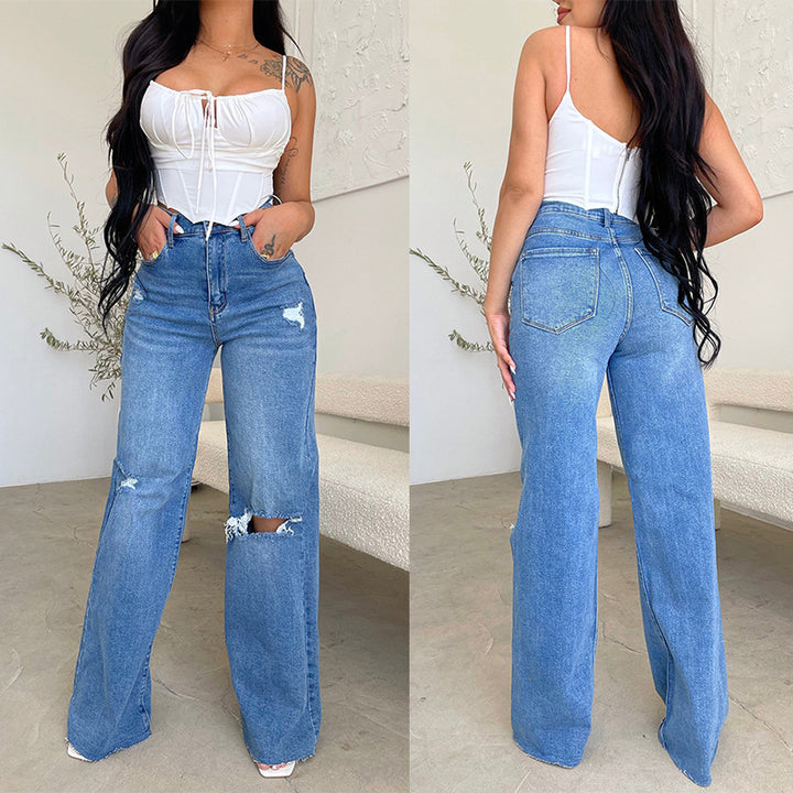 Damen weite High-Waist Jeans mit destroyed Effekten Drune