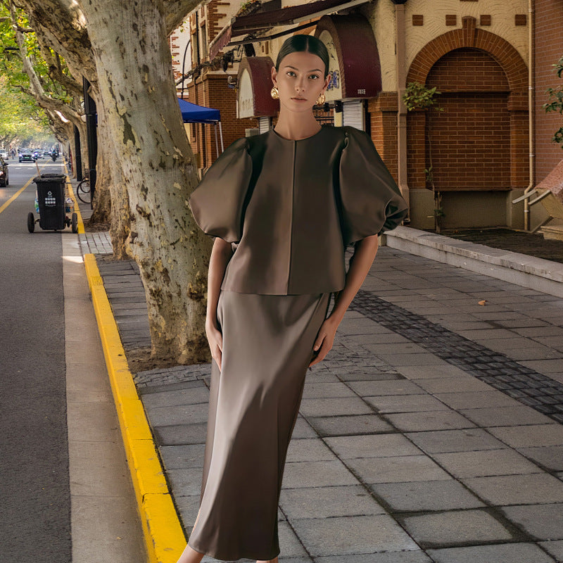 Damen Elegantes Midikleid mit strukturiertem Oberteil und voluminösen Ärmeln Drune