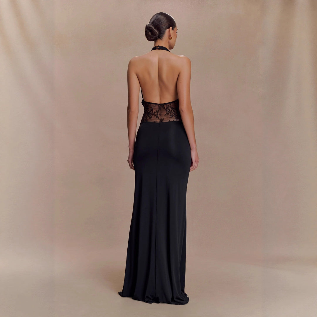 Damen Elegantes Maxikleid mit raffiniertem Spitzenbesatz und Drapierungen Drune