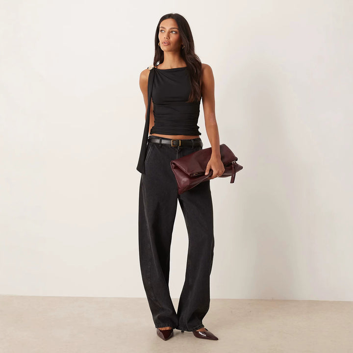Damen elegantes Raffungskleid mit dekorativem Schulterband Drune
