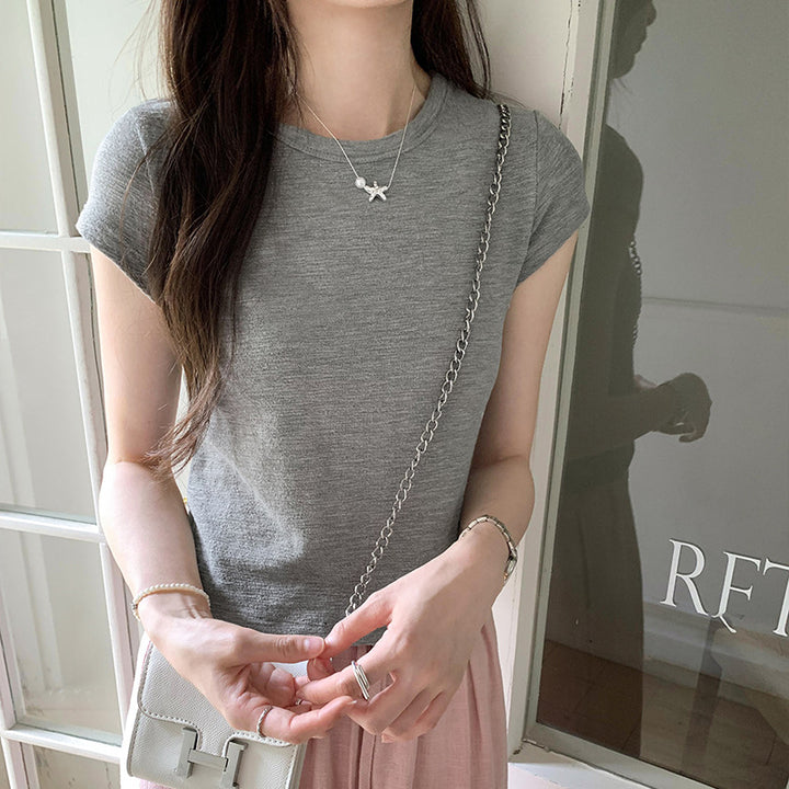 Damen Rundhals Kurzarm T-Shirt Slim Fit Grau