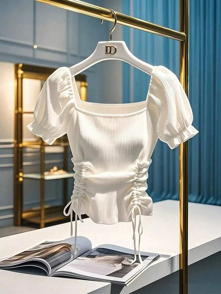 Damen leichtes Ripp-Crop-Top mit verstellbarem Kordelzug Drune