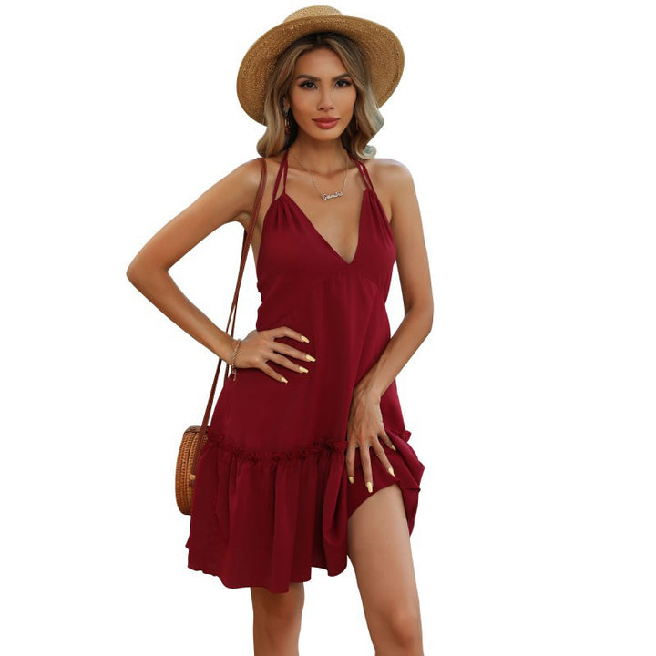 Damen luftiges Sommerkleid mit verstellbaren Spaghettiträgern und Rüschenabschluss Drune