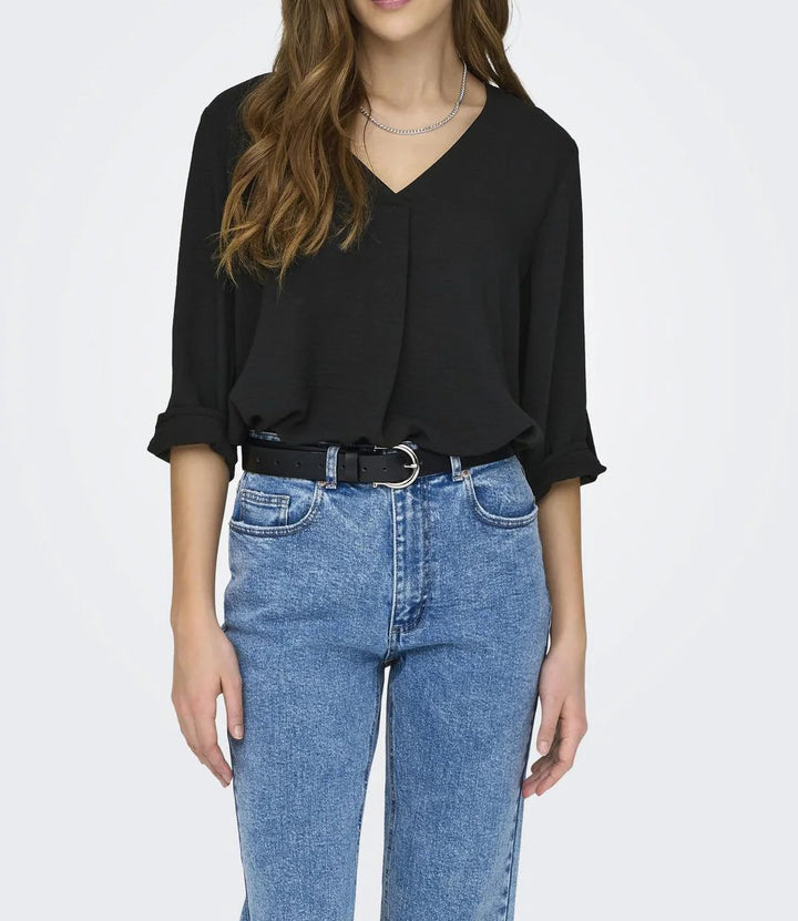 Damen luftige Bluse mit V-Ausschnitt und hochrollbaren Ärmeln Drune