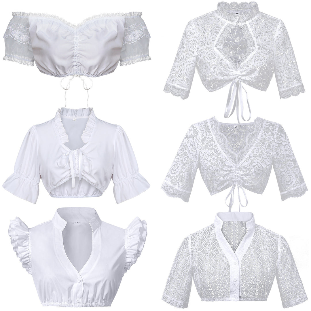 Damen nan Spitzenbolero Bluse mit Stehkragen, 3/4 Ärmeln und Bindeband Drune