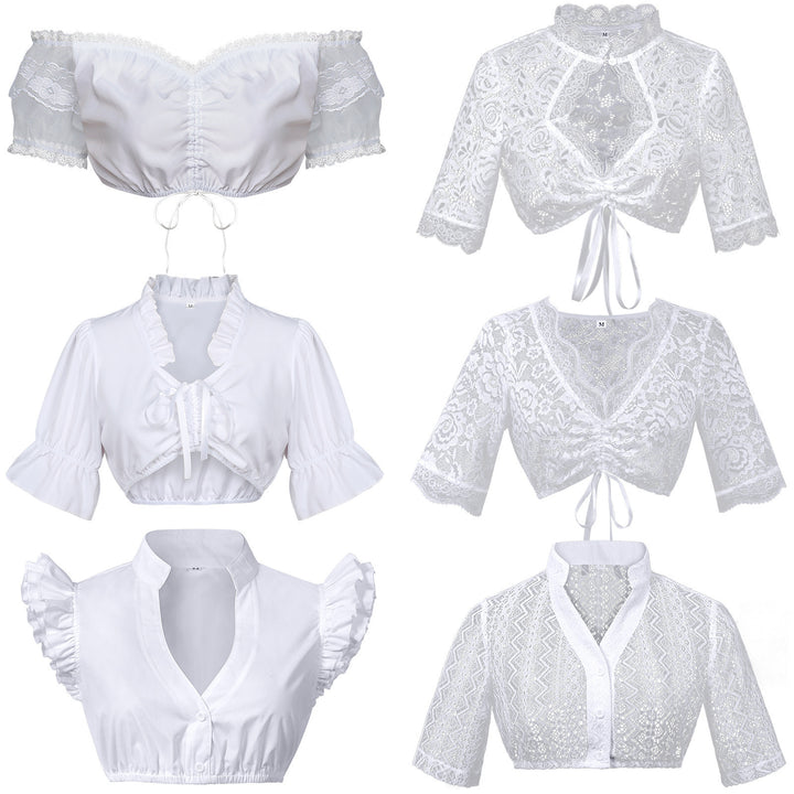 Damen nan Spitzenbolero Bluse mit Stehkragen, 3/4 Ärmeln und Bindeband Drune