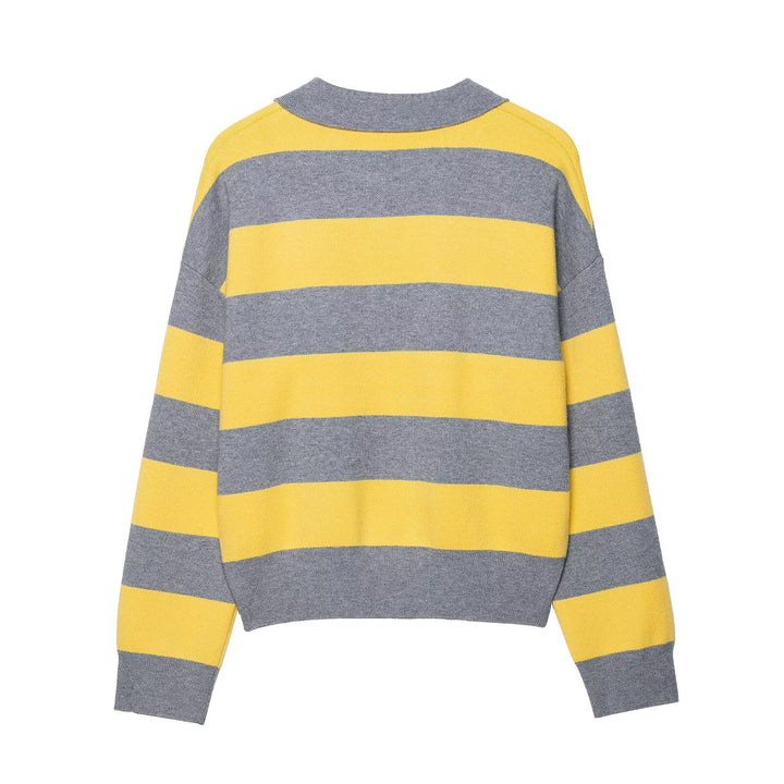 Damen lässiger Strickpullover mit Polo-Kragen und gestreiftem Design Drune