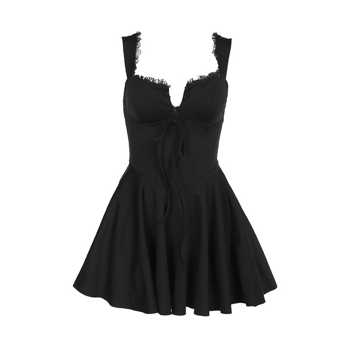 Damen schickes Kurzkleid mit Spitzenelementen und tailliertem Design Drune
