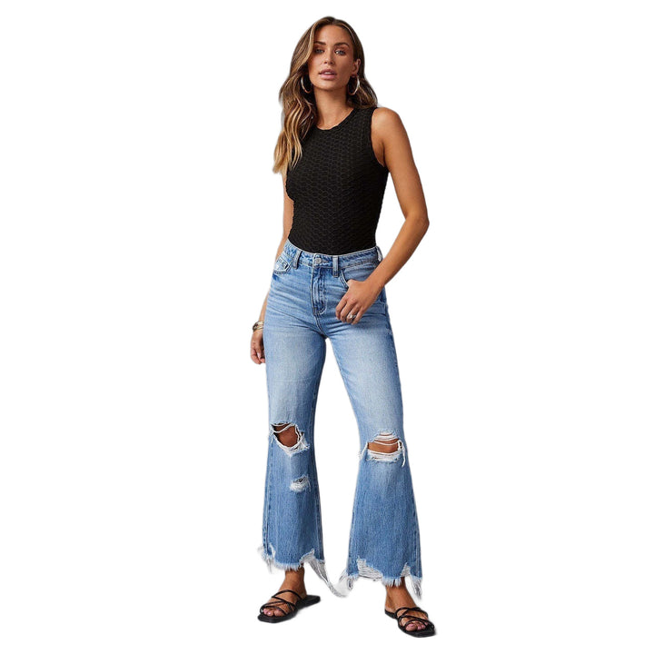 Damen nan hochgeschnittene ausgestellte Destroyed-Jeans mit Knieausfransungen und rohem Saum Drune