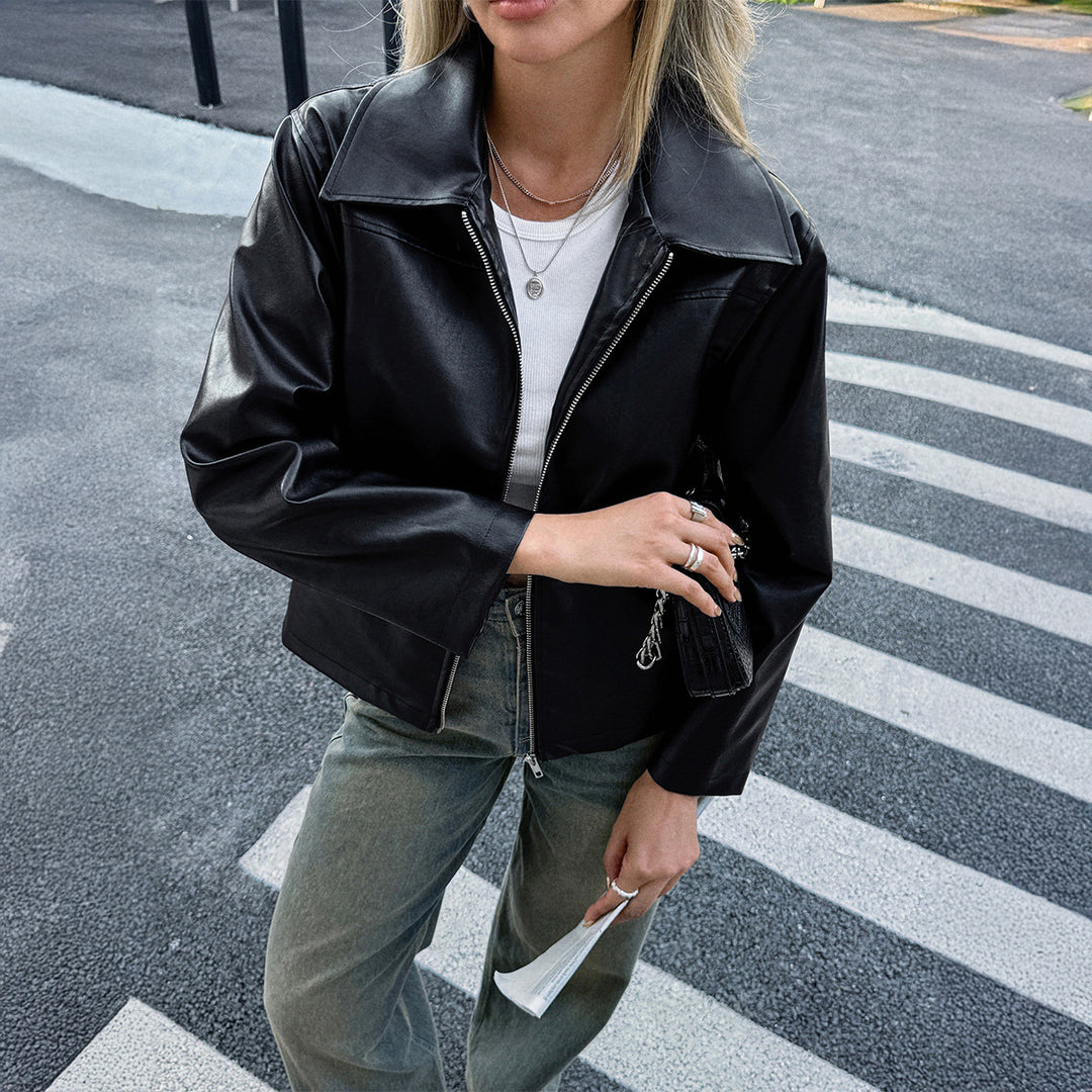 Damen nan elegante Kunstlederjacke mit Reißverschluss, Hemdkragen und Eingrifftaschen Drune