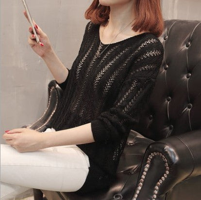 Damen lässiger Strickpullover mit V-Ausschnitt und feiner Lochstruktur Drune