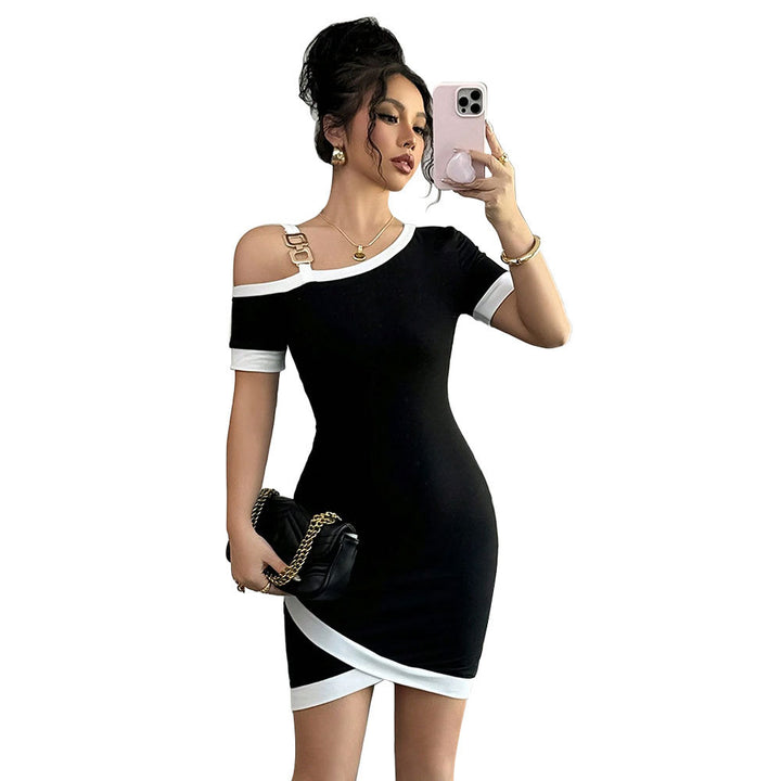 Damen figurbetontes Minikleid mit asymmetrischem Ausschnitt und dekorativem Träger Drune