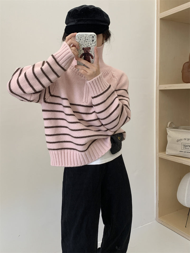 Damen lässiger Strickpullover mit sportlichem Kragen und Streifenmuster Drune