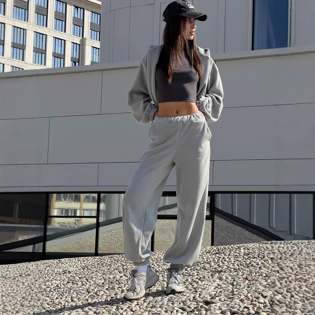 Damen sportlicher Fleece-Loungewear-Anzug mit hohem Kragen Drune