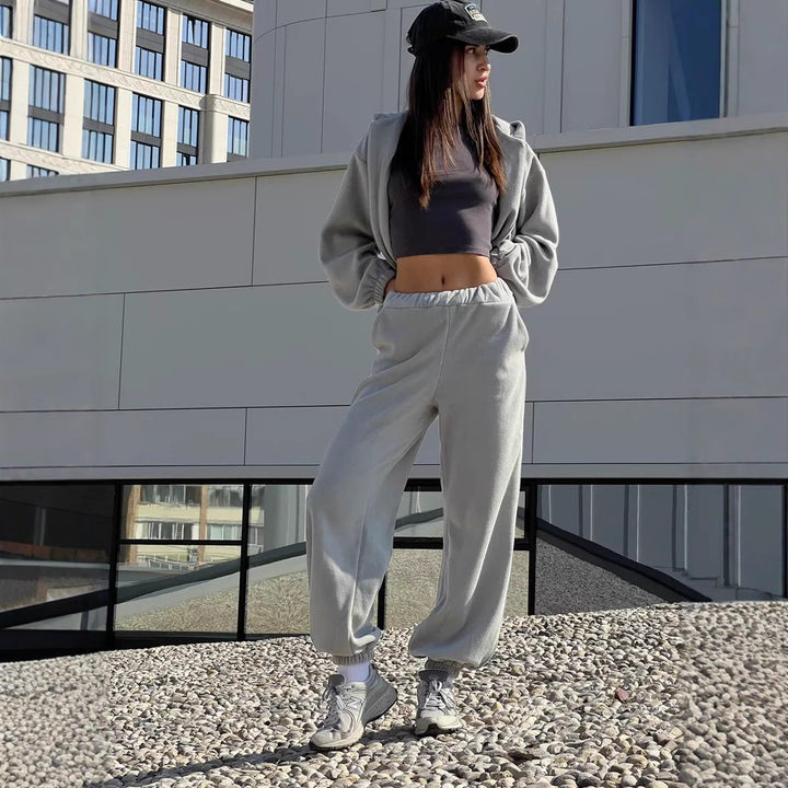 Damen sportlicher Fleece-Loungewear-Anzug mit hohem Kragen Drune