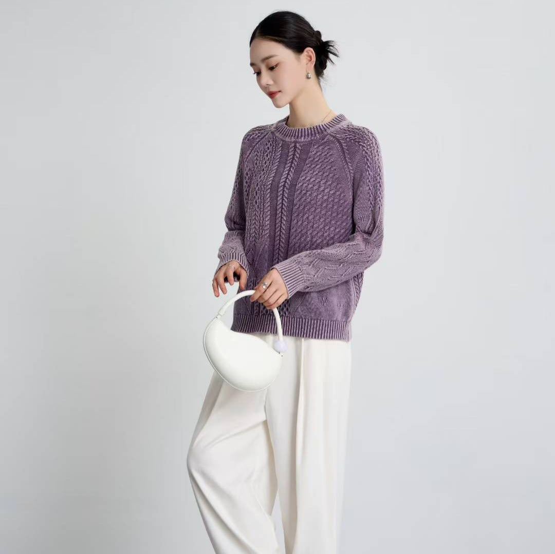 Damen modischer Pullover mit strukturiertem Zopf-Design und Rundhalsausschnitt Drune