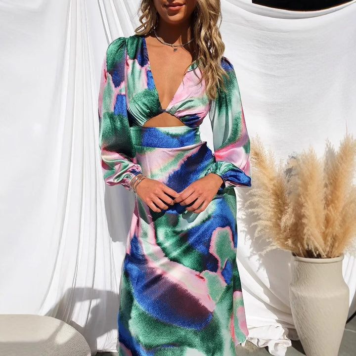 Damen Midi-Kleid mit innovativem Schnitt und farbenfrohem Muster Drune