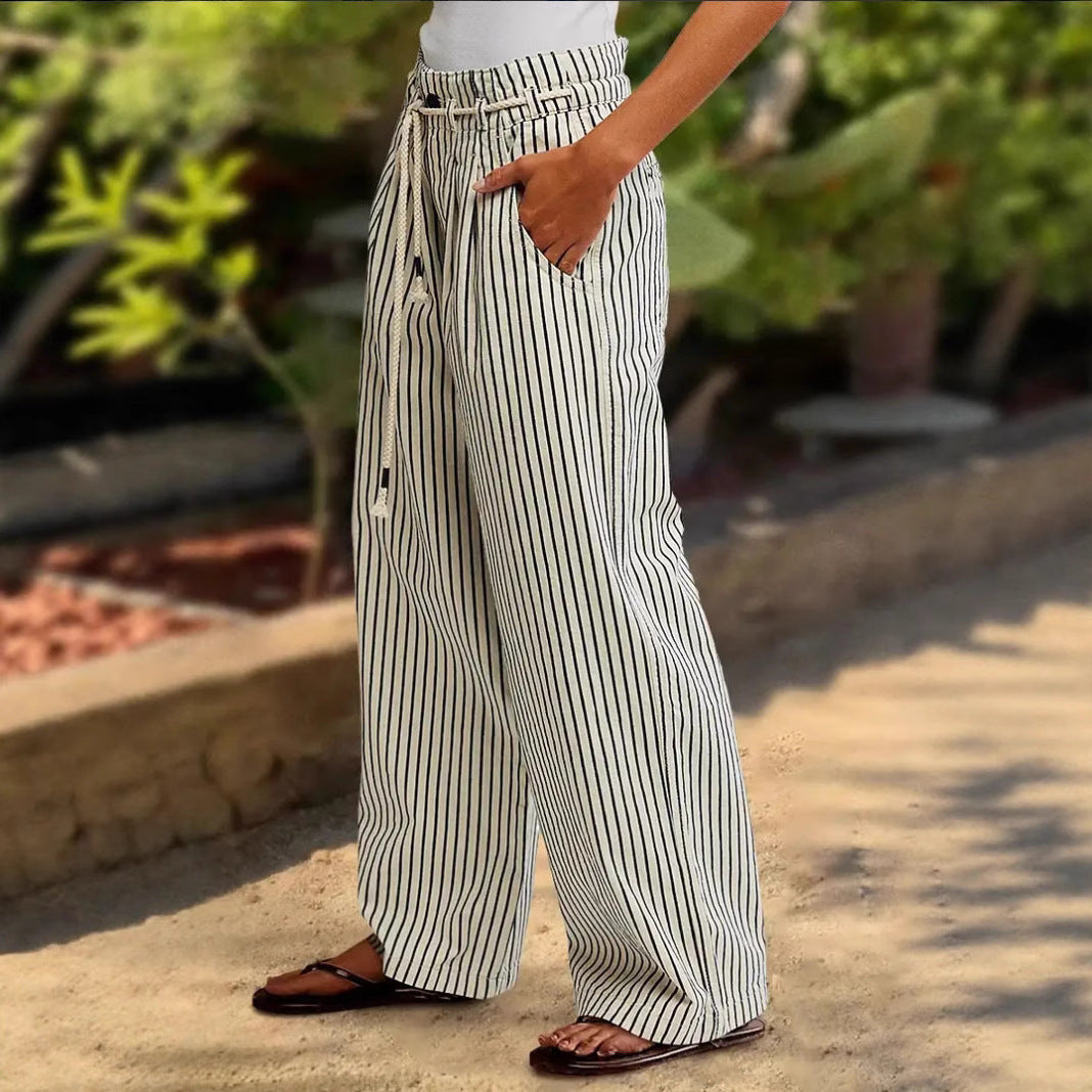 Damen Weite Leinenhose mit Streifenmuster und verstellbarem Bund Drune