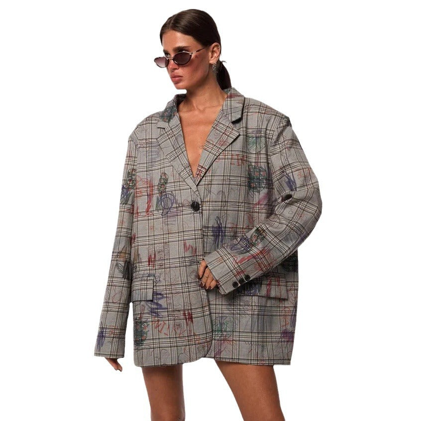 Damen modische Karo-Blazerjacke mit taillierbarem Gürtel und kreativen Akzenten Drune