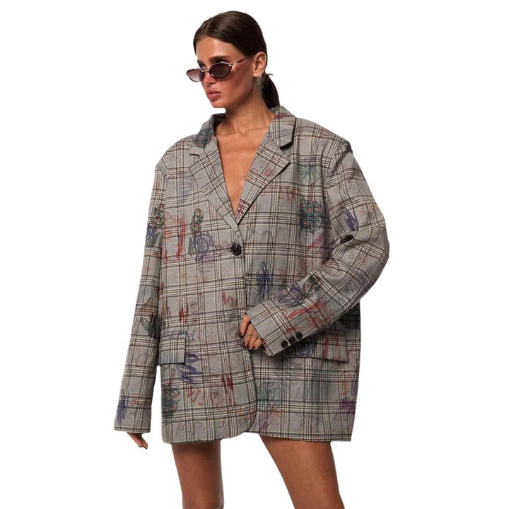 Damen modische Karo-Blazerjacke mit taillierbarem Gürtel und kreativen Akzenten Drune