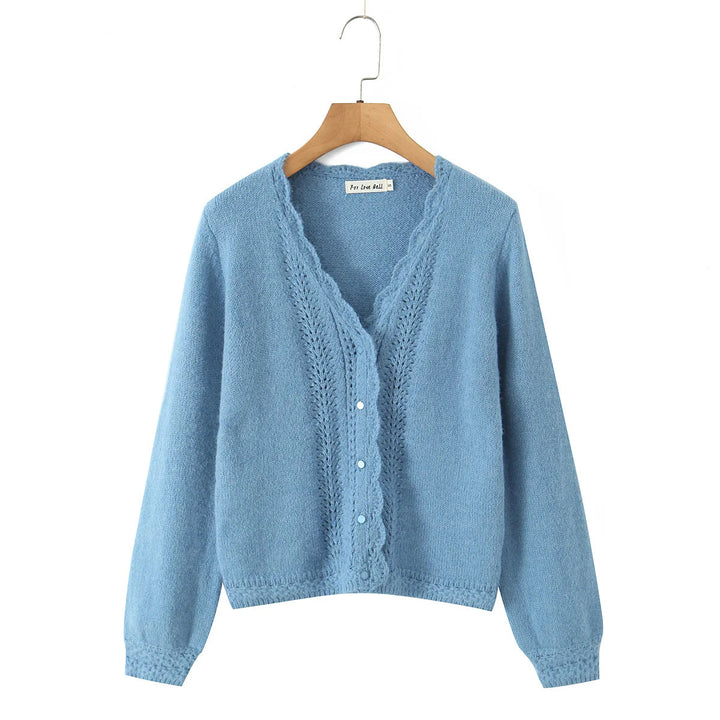 Damen elegante Strickjacke mit tiefem V-Ausschnitt und zarten Knöpfen Drune
