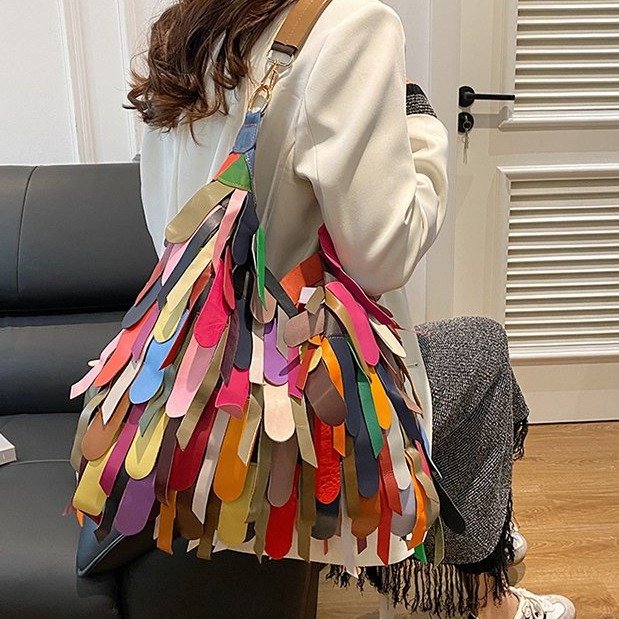 Damen Bunte Fransen Hobo Tasche Drune
